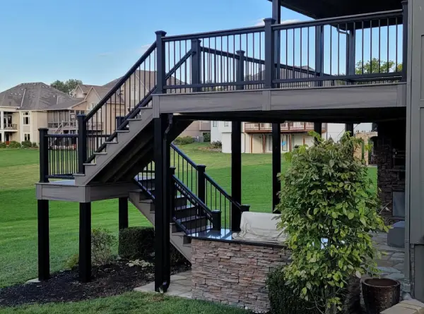 House exterior with stairs and walkout deck. Northwest, USA