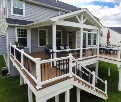 Suburban Wooden Deck with Outdoor Furniture and Plants, Low Angle View