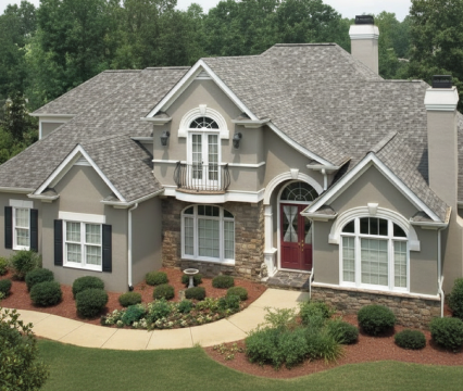 The roof of the house with details of exterior. street view, no one.